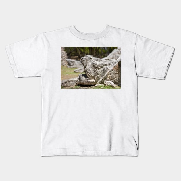 Feathered serpent head carving Kids T-Shirt by GrahamPrentice